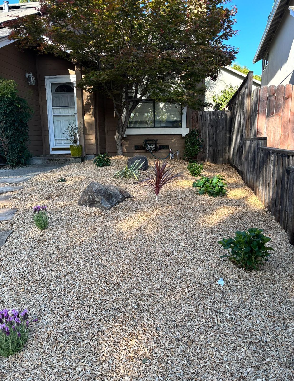 Side yard refreshed with wood chip mulch and new plantings